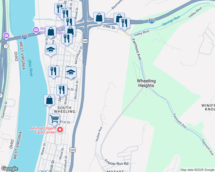 map of restaurants, bars, coffee shops, grocery stores, and more near 9 Incline Avenue in Wheeling