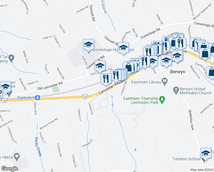 map of restaurants, bars, coffee shops, grocery stores, and more near 1091 Lancaster Avenue in Berwyn