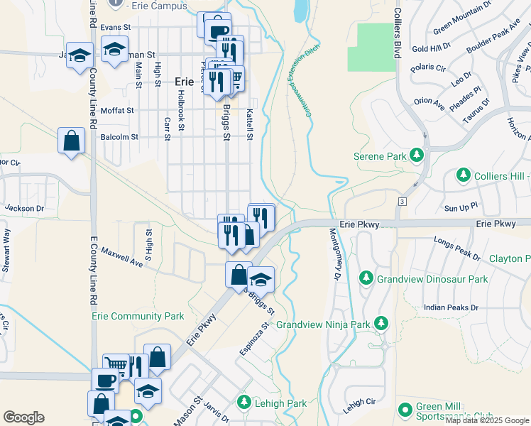 map of restaurants, bars, coffee shops, grocery stores, and more near 101 Huntley Creek Court in Erie