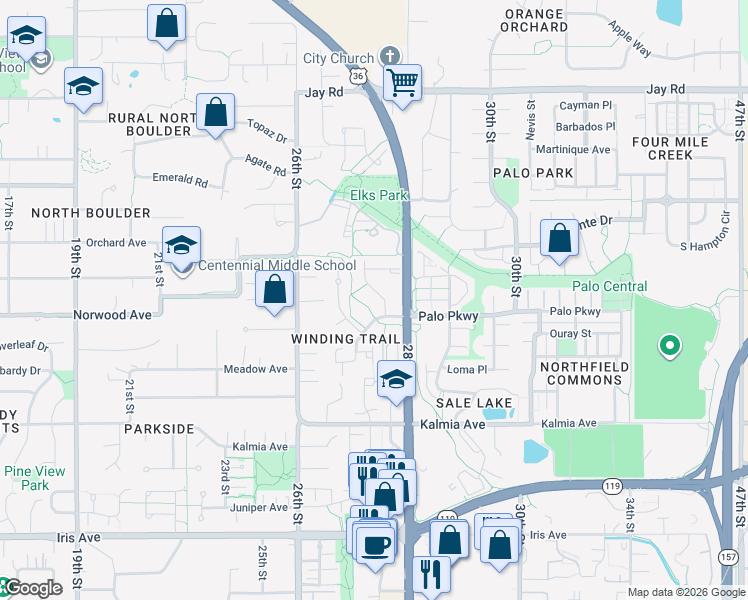 map of restaurants, bars, coffee shops, grocery stores, and more near in Boulder