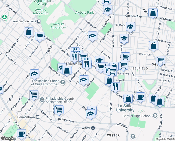 map of restaurants, bars, coffee shops, grocery stores, and more near Chew Avenue & East Locust Avenue in Philadelphia