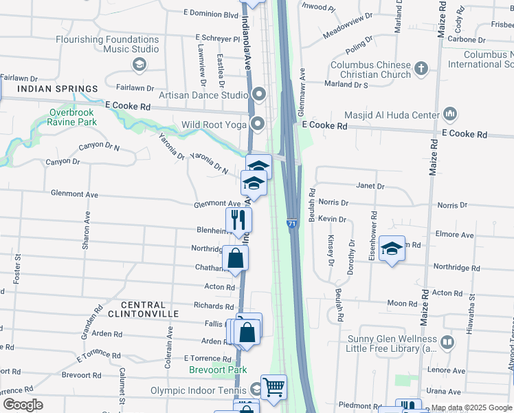map of restaurants, bars, coffee shops, grocery stores, and more near 3916 Indianola Avenue in Columbus
