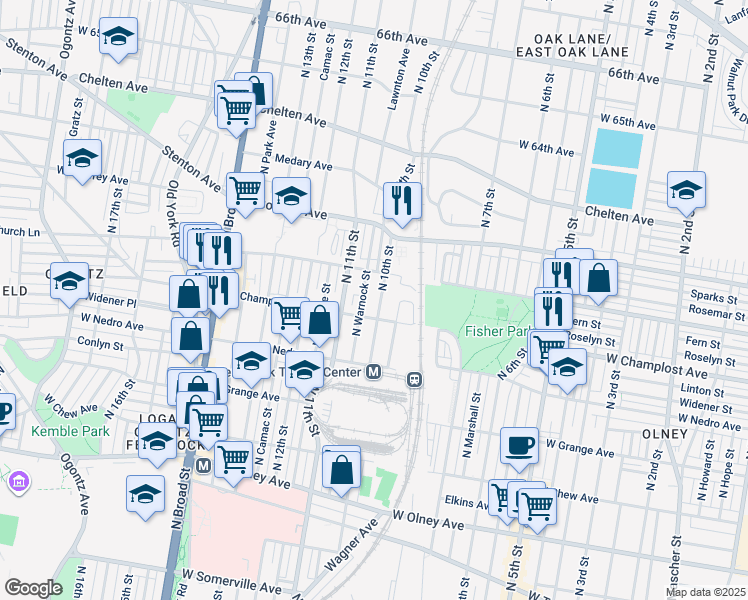 map of restaurants, bars, coffee shops, grocery stores, and more near 6022 North 10th Street in Philadelphia