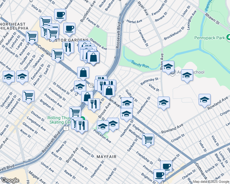 map of restaurants, bars, coffee shops, grocery stores, and more near 7320 Brous Avenue in Philadelphia