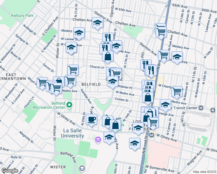 map of restaurants, bars, coffee shops, grocery stores, and more near 1814 Widener Place in Philadelphia