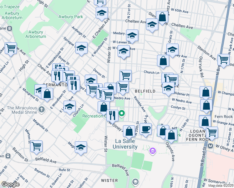 map of restaurants, bars, coffee shops, grocery stores, and more near 5932 North Norwood Street in Philadelphia