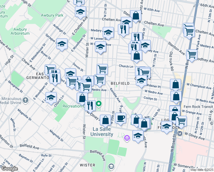map of restaurants, bars, coffee shops, grocery stores, and more near 5926 Kemble Avenue in Philadelphia