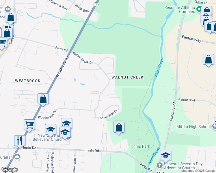 map of restaurants, bars, coffee shops, grocery stores, and more near 3652 Walnut Creek Drive in Columbus