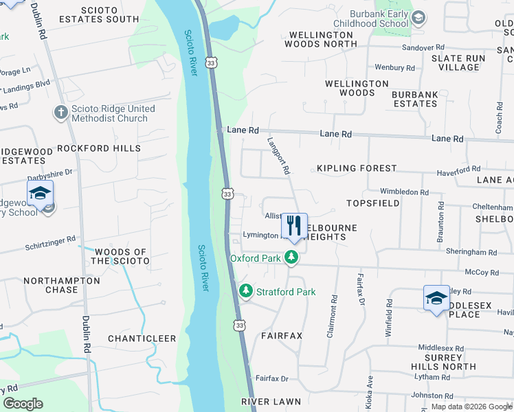 map of restaurants, bars, coffee shops, grocery stores, and more near 4427 Lowestone Road in Upper Arlington