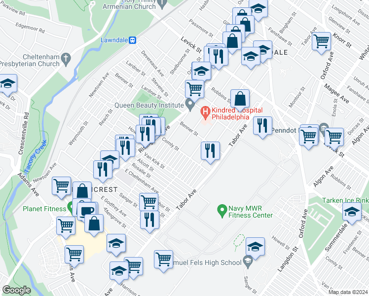 map of restaurants, bars, coffee shops, grocery stores, and more near 6005 Palmetto Street in Philadelphia