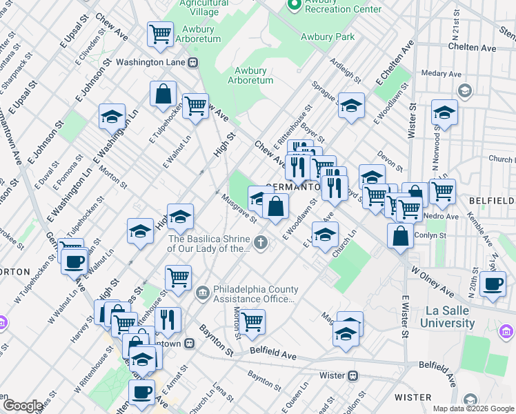 map of restaurants, bars, coffee shops, grocery stores, and more near 608 East Price Street in Philadelphia