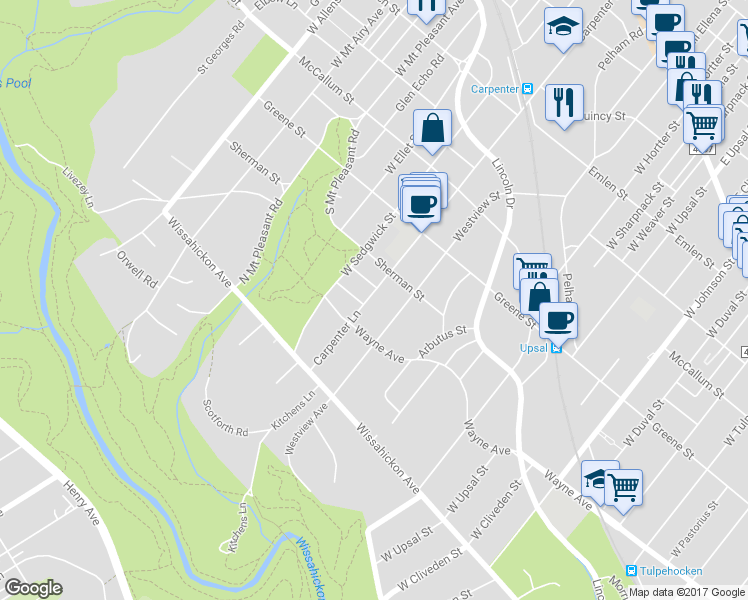 map of restaurants, bars, coffee shops, grocery stores, and more near 734 Carpenter Lane in Philadelphia