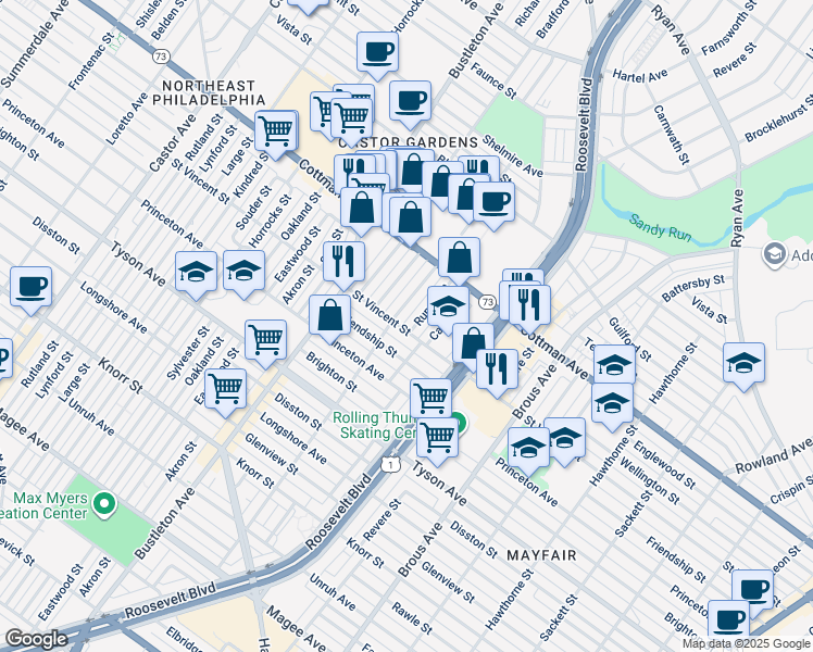 map of restaurants, bars, coffee shops, grocery stores, and more near 7200 Rupert Street in Philadelphia