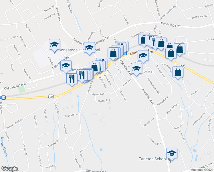 map of restaurants, bars, coffee shops, grocery stores, and more near 45 Walnut Avenue in Berwyn
