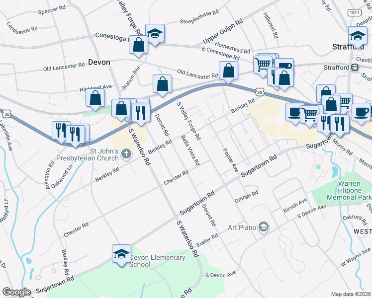map of restaurants, bars, coffee shops, grocery stores, and more near 212 Bella Vista Road in Devon