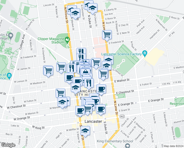 map of restaurants, bars, coffee shops, grocery stores, and more near 26 East Lemon Street in Lancaster