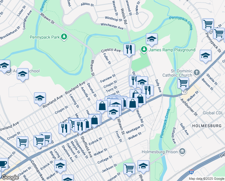 map of restaurants, bars, coffee shops, grocery stores, and more near 8037 Terry Street in Philadelphia