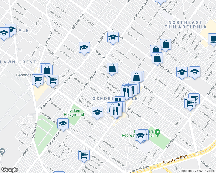 map of restaurants, bars, coffee shops, grocery stores, and more near 1304 Wells Street in Philadelphia