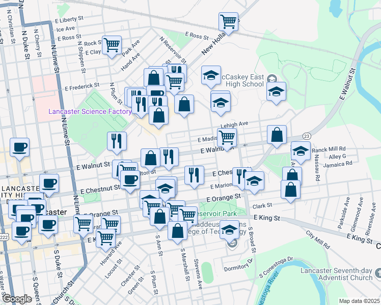 map of restaurants, bars, coffee shops, grocery stores, and more near 699 East Walnut Street in Lancaster
