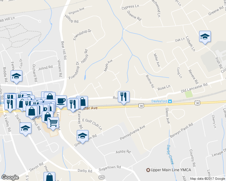 map of restaurants, bars, coffee shops, grocery stores, and more near 118 Sheldrake Drive in Paoli