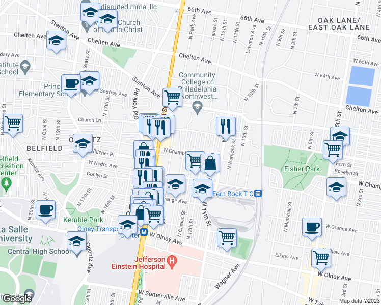 map of restaurants, bars, coffee shops, grocery stores, and more near 1227 West Champlost Street in Philadelphia