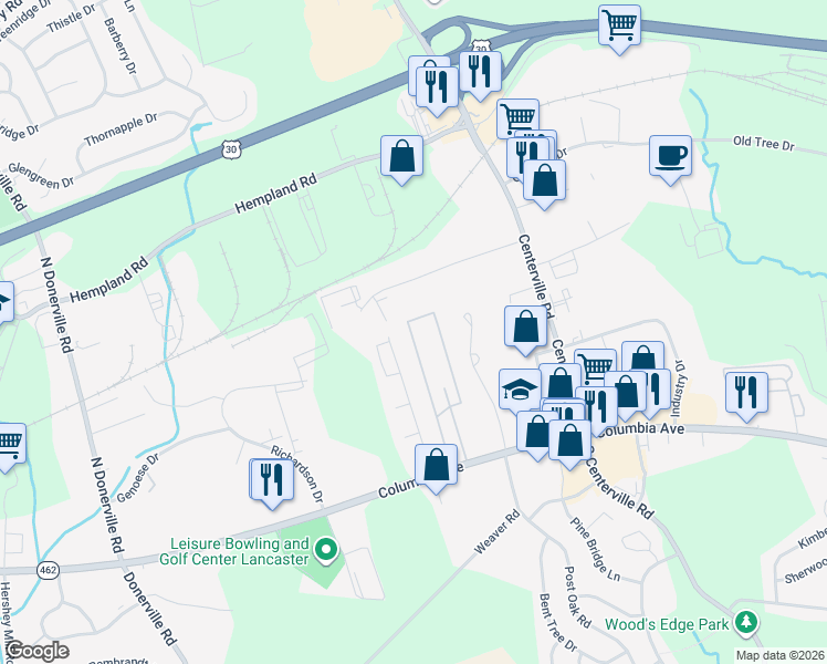 map of restaurants, bars, coffee shops, grocery stores, and more near 83 Madge Drive in Lancaster