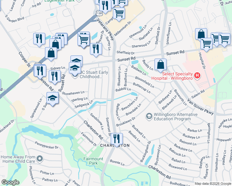 map of restaurants, bars, coffee shops, grocery stores, and more near 2 Babbitt Lane in Willingboro