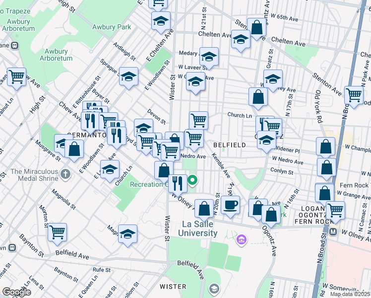 map of restaurants, bars, coffee shops, grocery stores, and more near 5932 North Norwood Street in Philadelphia