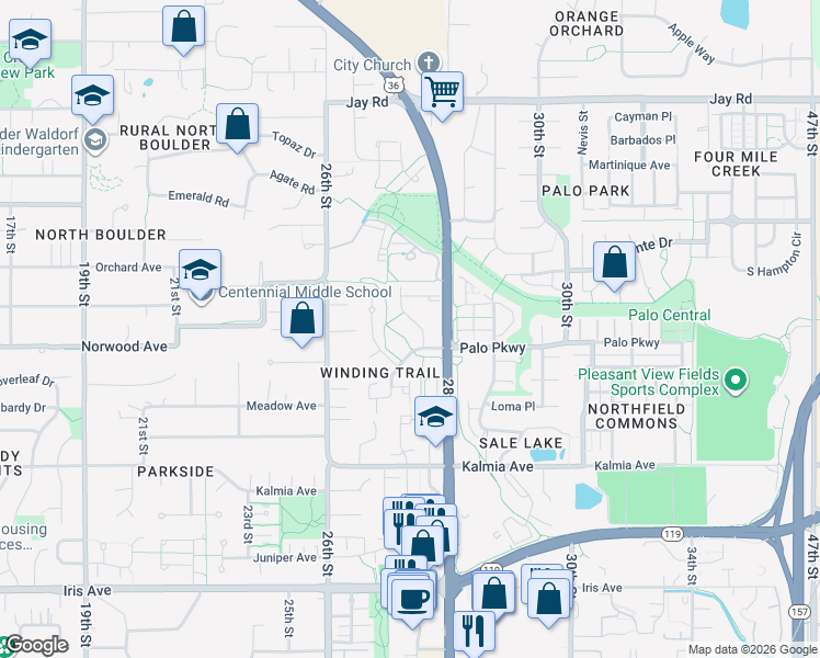 map of restaurants, bars, coffee shops, grocery stores, and more near in Boulder