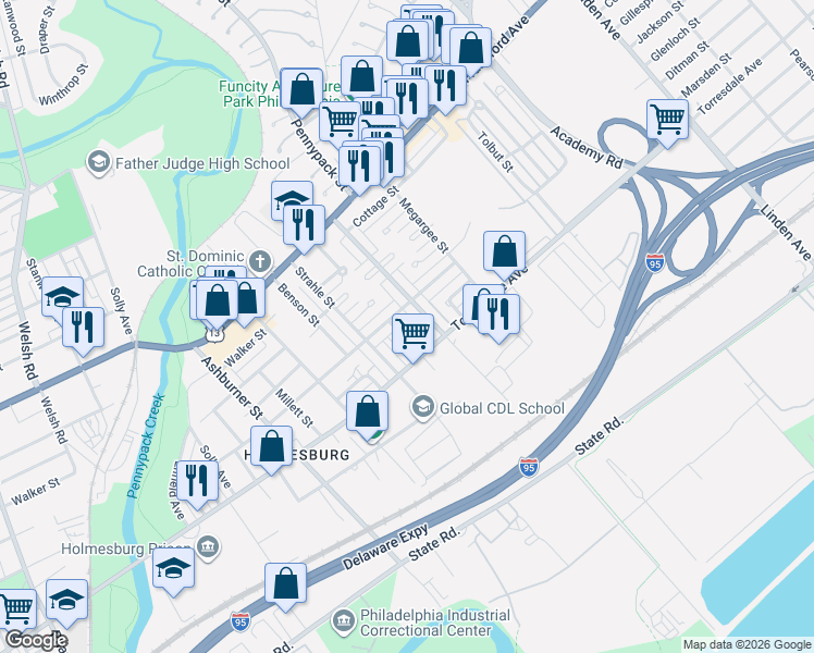 map of restaurants, bars, coffee shops, grocery stores, and more near 4634 Pennypack Street in Philadelphia