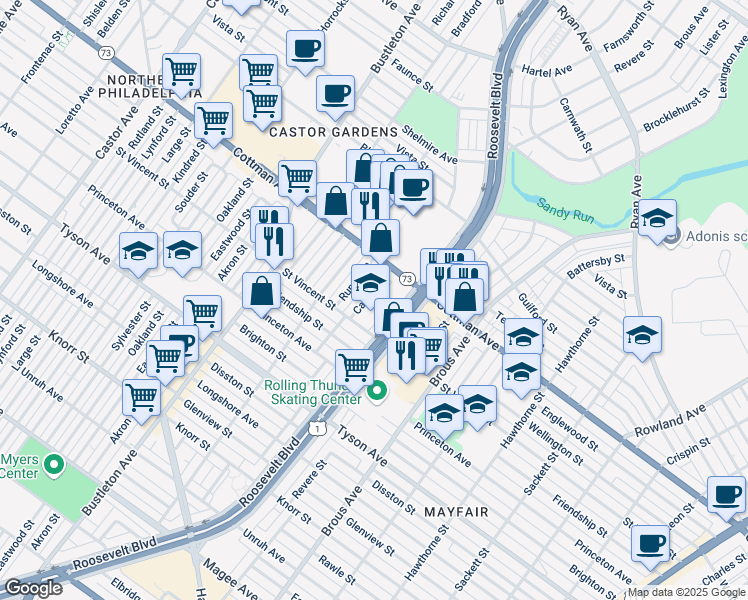map of restaurants, bars, coffee shops, grocery stores, and more near 7228 Calvert Street in Philadelphia