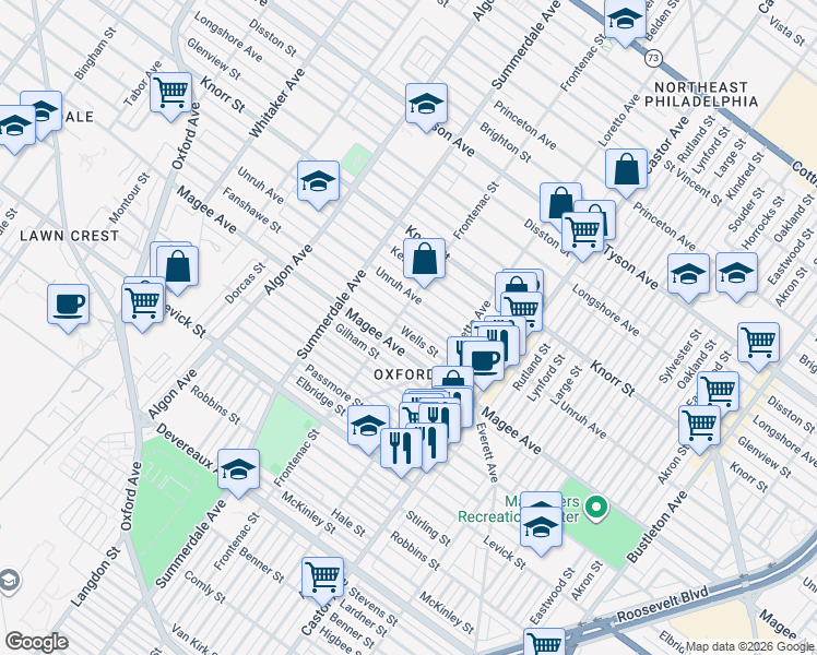 map of restaurants, bars, coffee shops, grocery stores, and more near 1304 Wells Street in Philadelphia