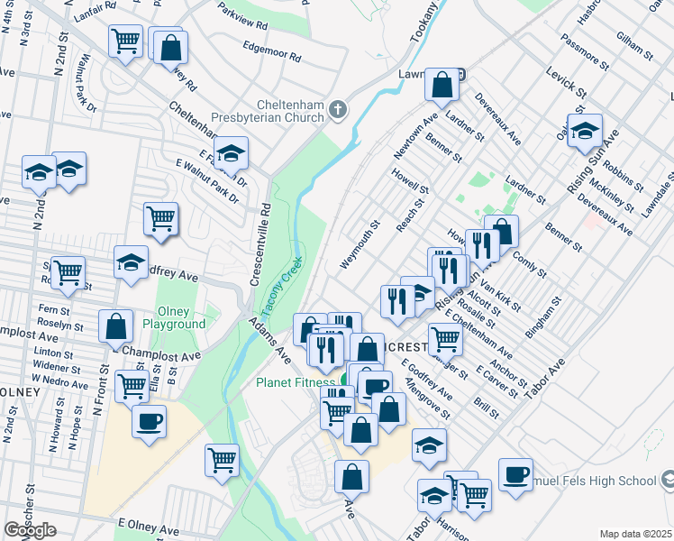 map of restaurants, bars, coffee shops, grocery stores, and more near 5710 Weymouth Street in Philadelphia