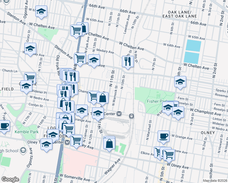 map of restaurants, bars, coffee shops, grocery stores, and more near 6007 North 11th Street in Philadelphia