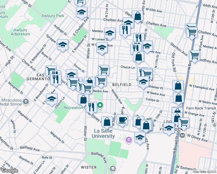 map of restaurants, bars, coffee shops, grocery stores, and more near 5926 Kemble Avenue in Philadelphia