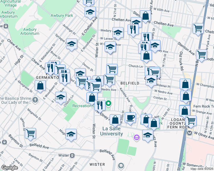 map of restaurants, bars, coffee shops, grocery stores, and more near 5908 North 21st Street in Philadelphia