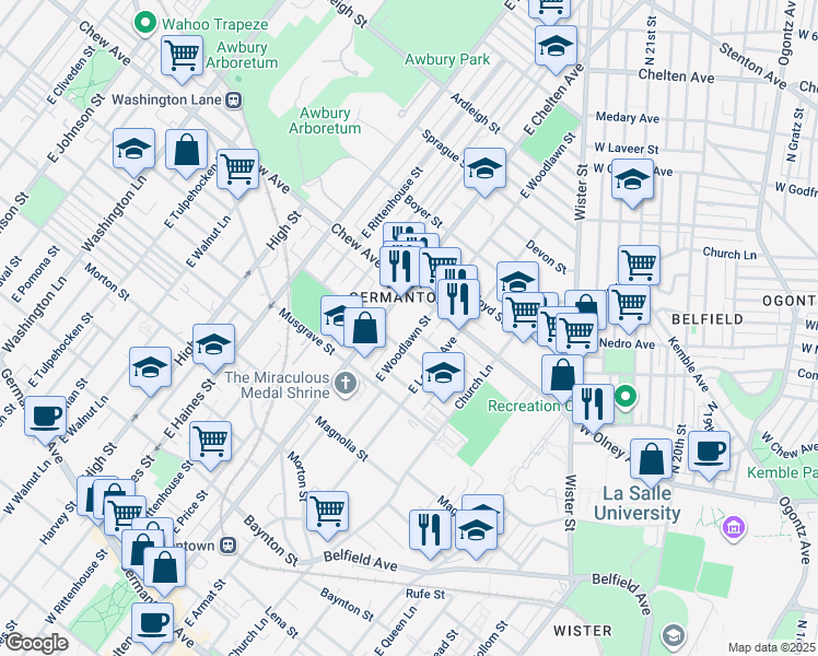 map of restaurants, bars, coffee shops, grocery stores, and more near 727 East Woodlawn Street in Philadelphia