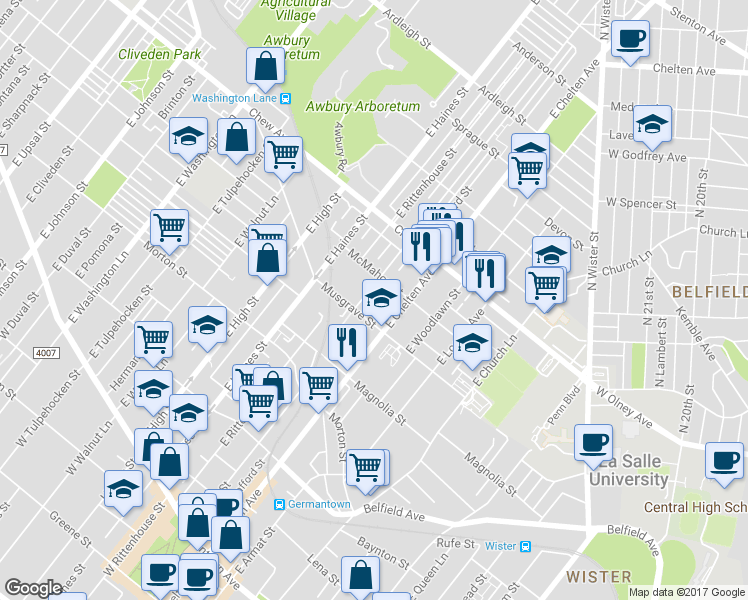 map of restaurants, bars, coffee shops, grocery stores, and more near 608 East Price Street in Philadelphia