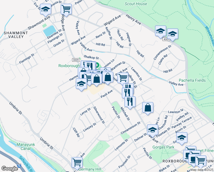 map of restaurants, bars, coffee shops, grocery stores, and more near 6901 Ridge Avenue in Philadelphia