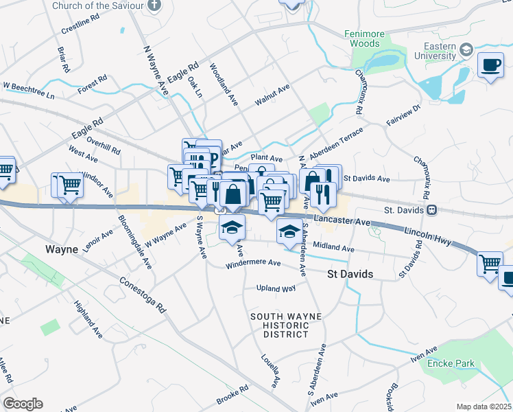 map of restaurants, bars, coffee shops, grocery stores, and more near 211 Lancaster Avenue in Wayne