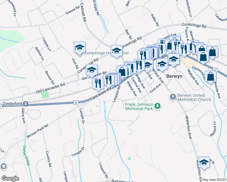 map of restaurants, bars, coffee shops, grocery stores, and more near 1026 Lancaster Avenue in Berwyn