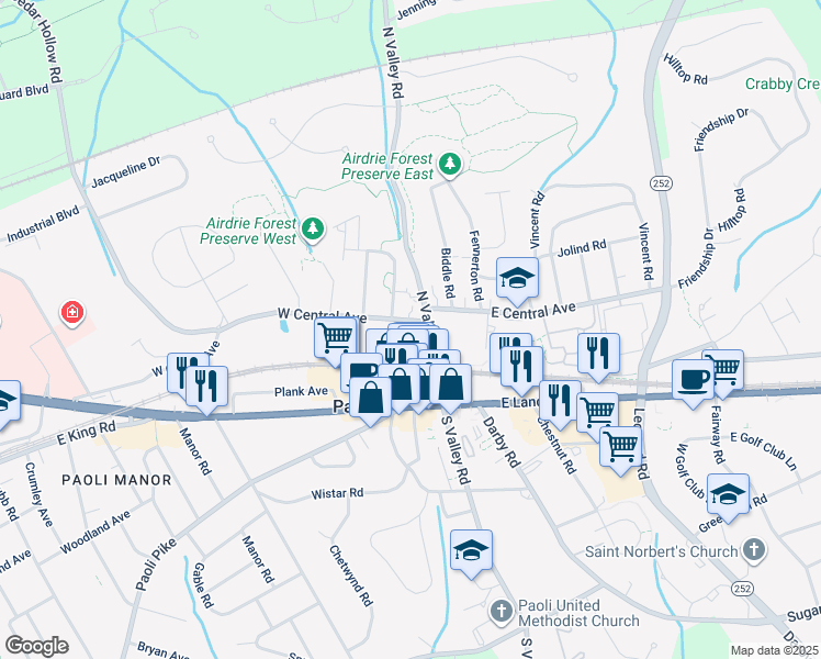 map of restaurants, bars, coffee shops, grocery stores, and more near 24 West Central Avenue in Paoli