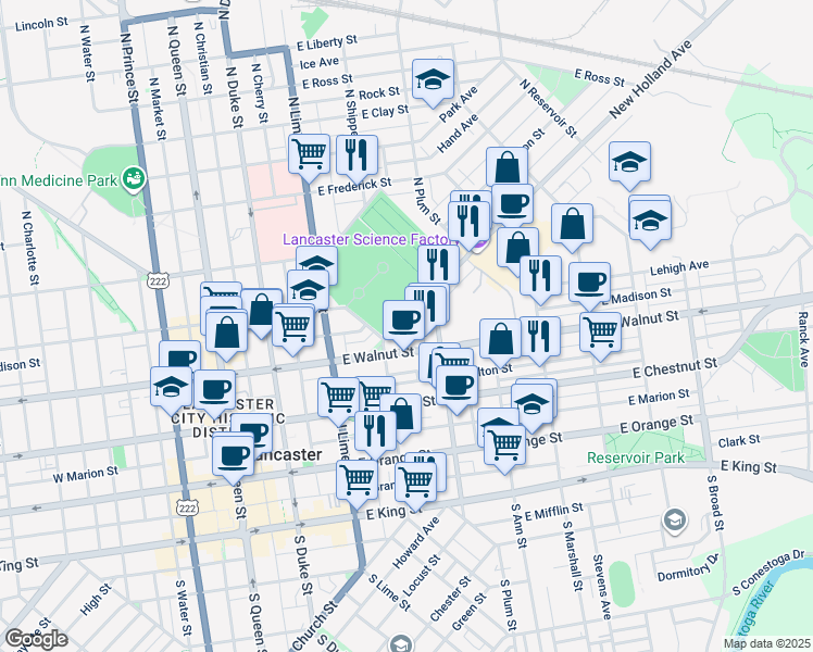 map of restaurants, bars, coffee shops, grocery stores, and more near 331A East Walnut Street in Lancaster