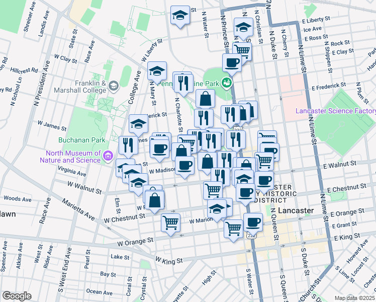map of restaurants, bars, coffee shops, grocery stores, and more near 351 North Charlotte Street in Lancaster