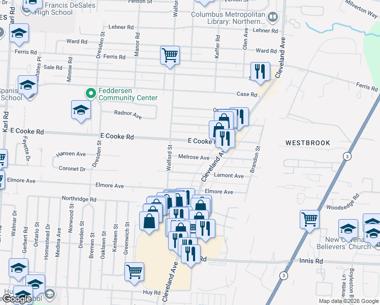 map of restaurants, bars, coffee shops, grocery stores, and more near 1992 Melrose Avenue in Columbus