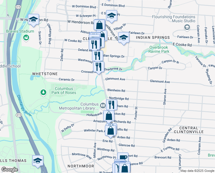 map of restaurants, bars, coffee shops, grocery stores, and more near 4030 North High Street in Columbus