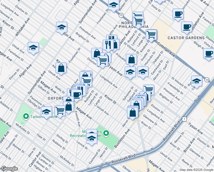 map of restaurants, bars, coffee shops, grocery stores, and more near 6820 Large Street in Philadelphia