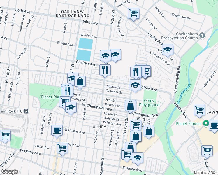 map of restaurants, bars, coffee shops, grocery stores, and more near 176 Sparks Street in Philadelphia