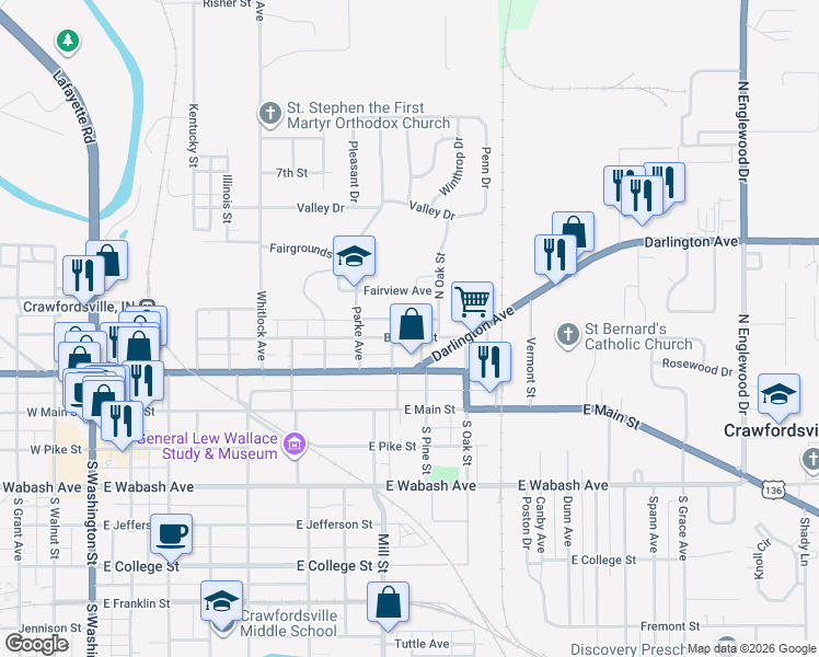 map of restaurants, bars, coffee shops, grocery stores, and more near 907 Cottage Avenue in Crawfordsville