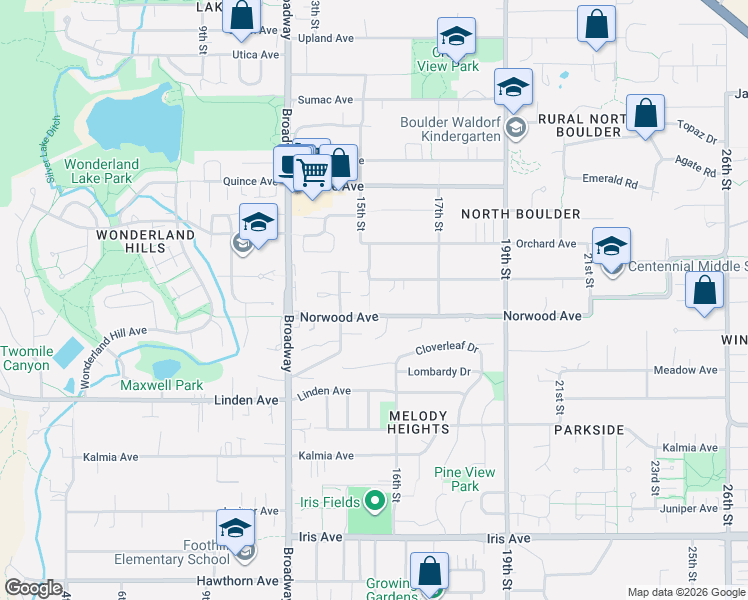 map of restaurants, bars, coffee shops, grocery stores, and more near 1441 Norwood Avenue in Boulder